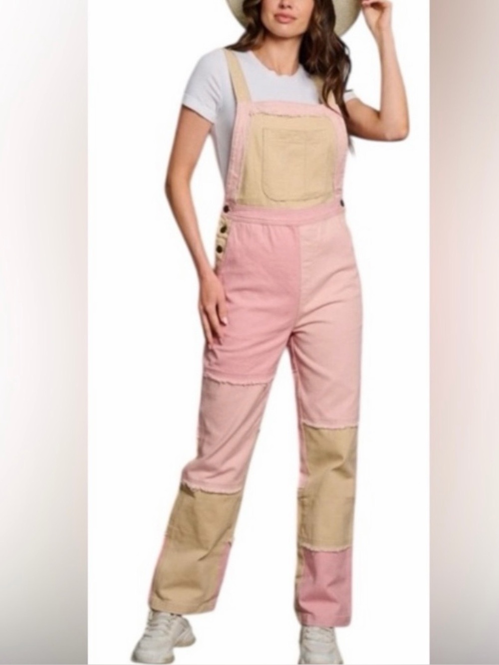 Easel pink and tan color block jeans overall sz Small NWT